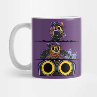 Hoo's There? | Funny Great Horned Owl Eyes Night With Binoculars Comic Mug